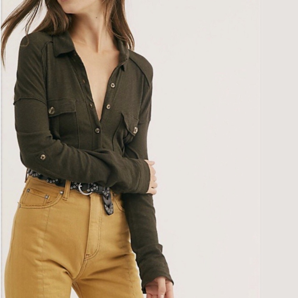 Free People Penelope Button Down Linen/Cotton Long Sleeve Top in Army, Size XS - Picture 1 of 10